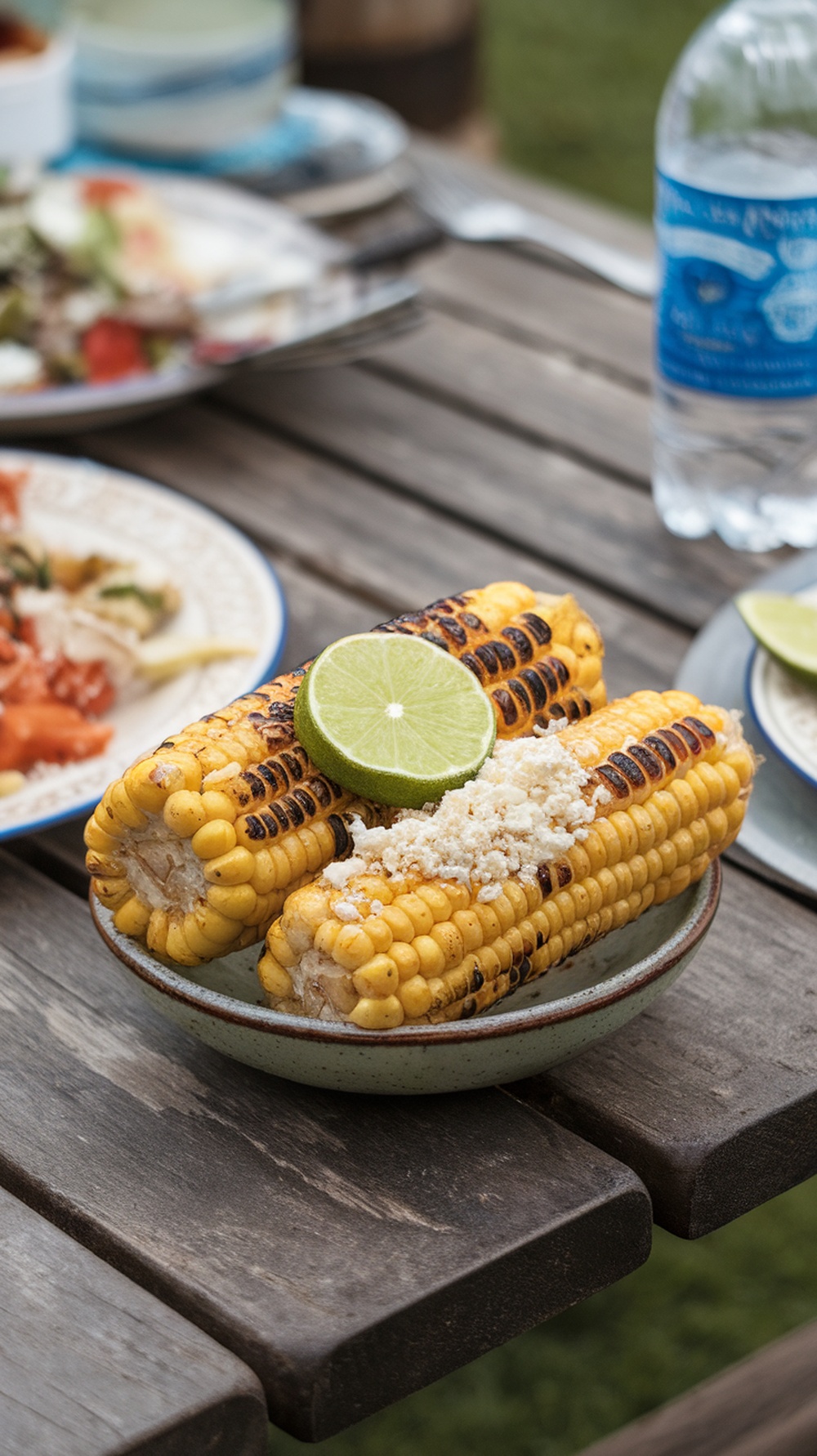 Grilled corn on the cob served with lime and cotija cheese.