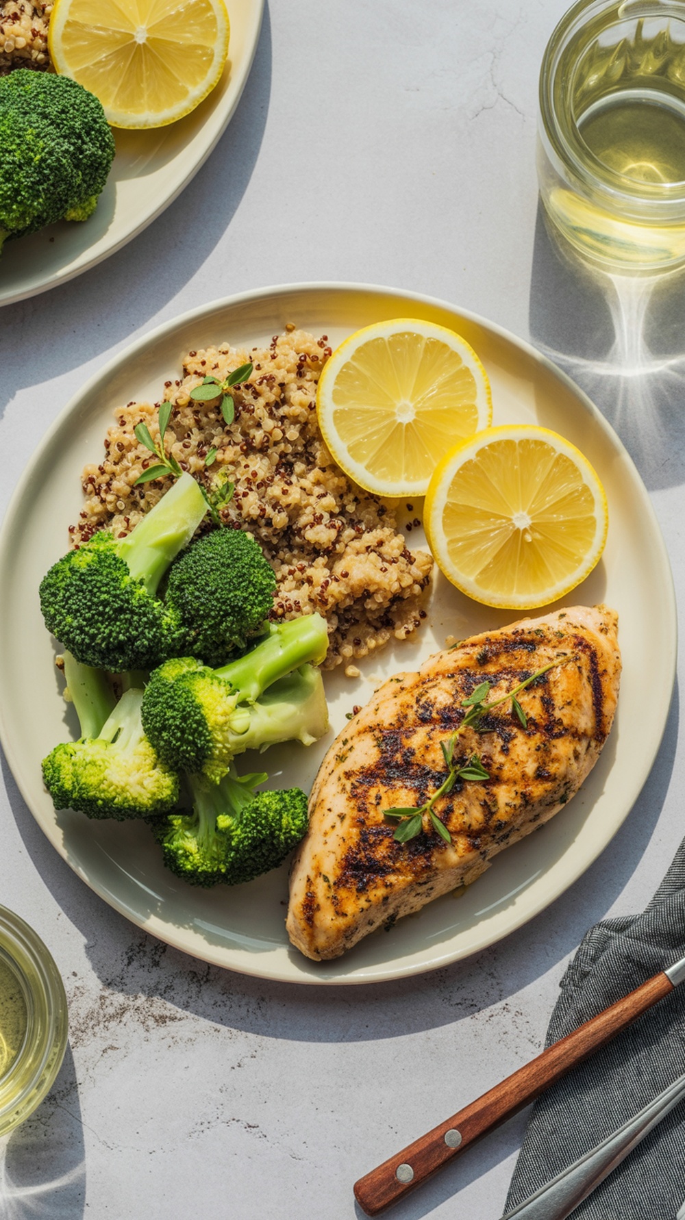 A plate of grilled lemon herb chicken served with quinoa and steamed broccoli, garnished with lemon slices.