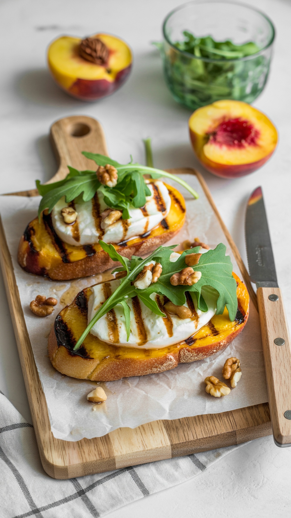 Grilled peach and burrata toast on a wooden board with arugula and walnuts.