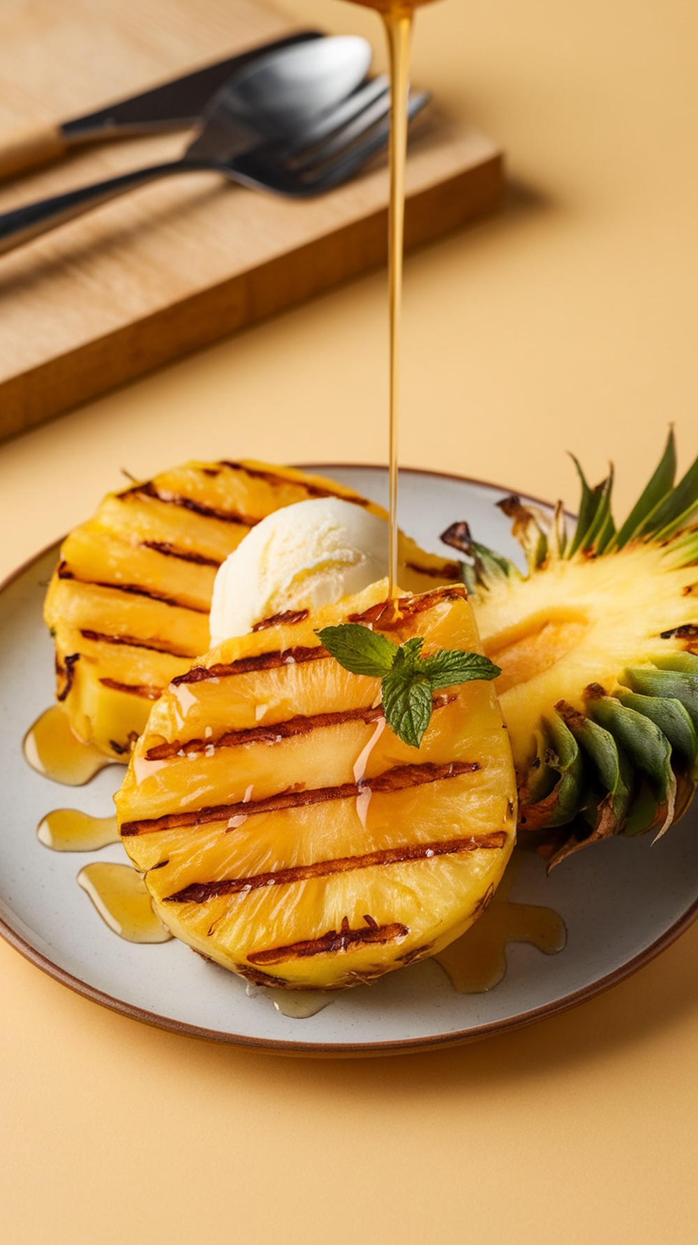 Grilled pineapple dessert with honey drizzle and ice cream.