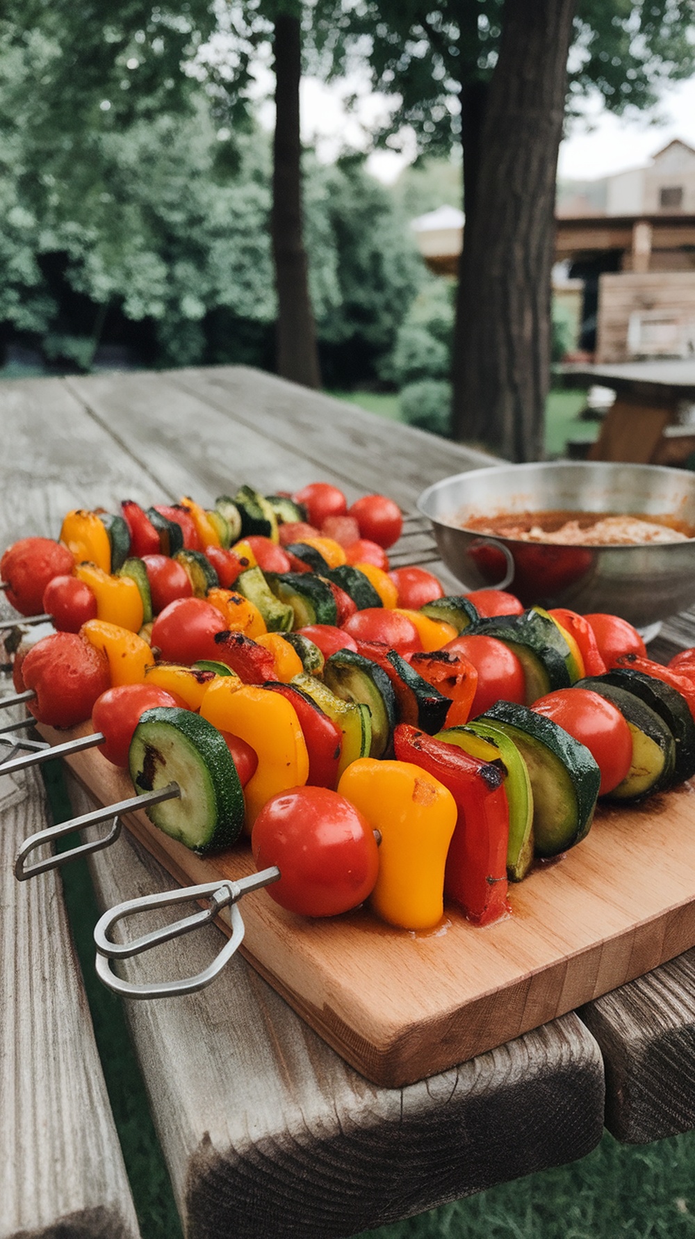 Colorful vegetable skewers on a wooden board, ready for grilling