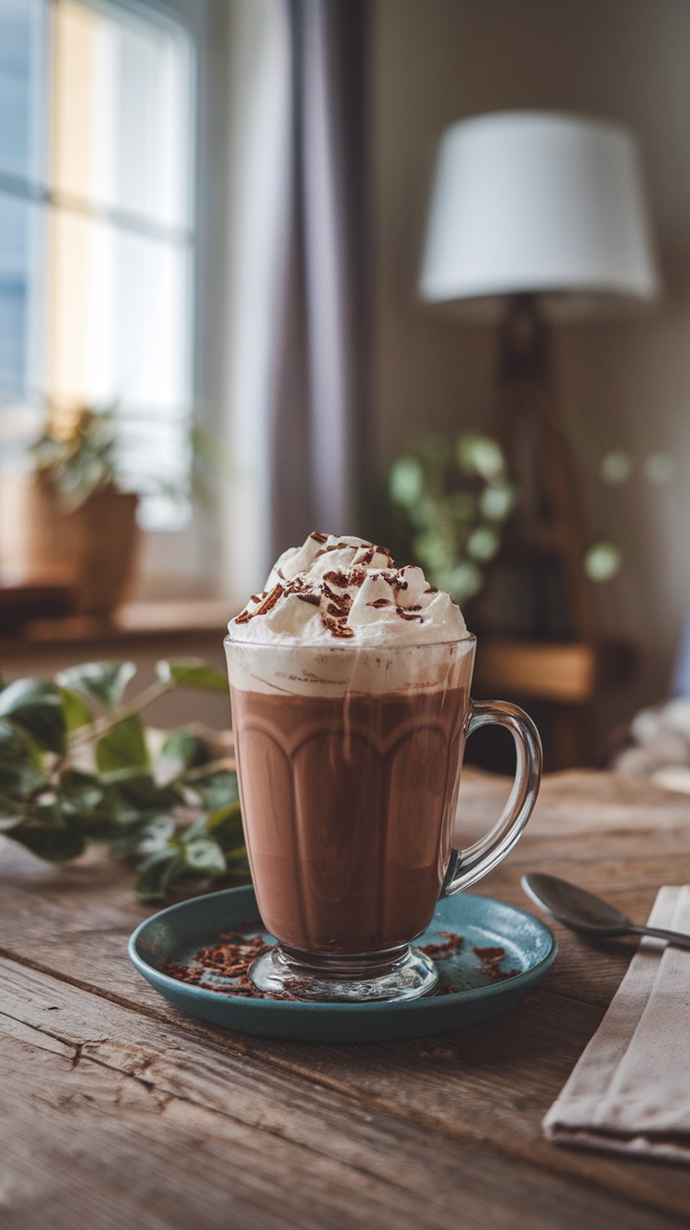 A cozy cup of hazelnut hot chocolate topped with whipped cream and cocoa