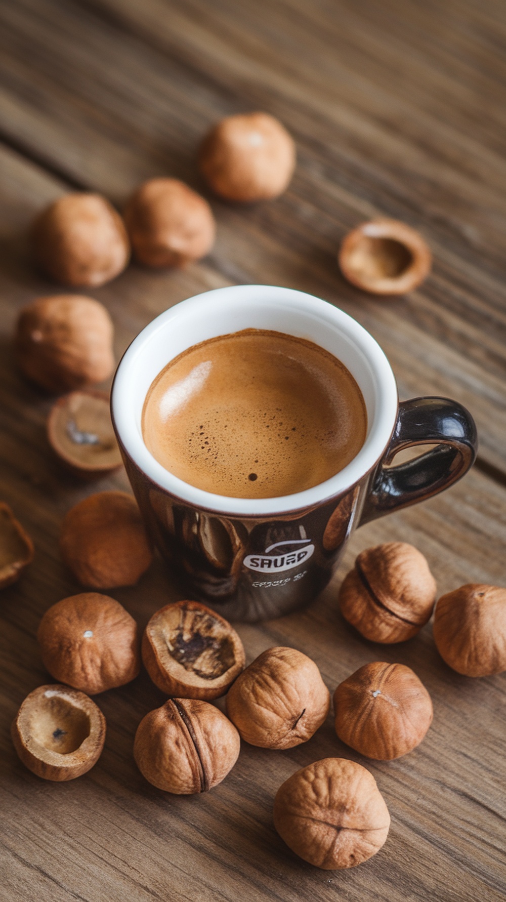 A cup of espresso surrounded by hazelnuts on a wooden table.