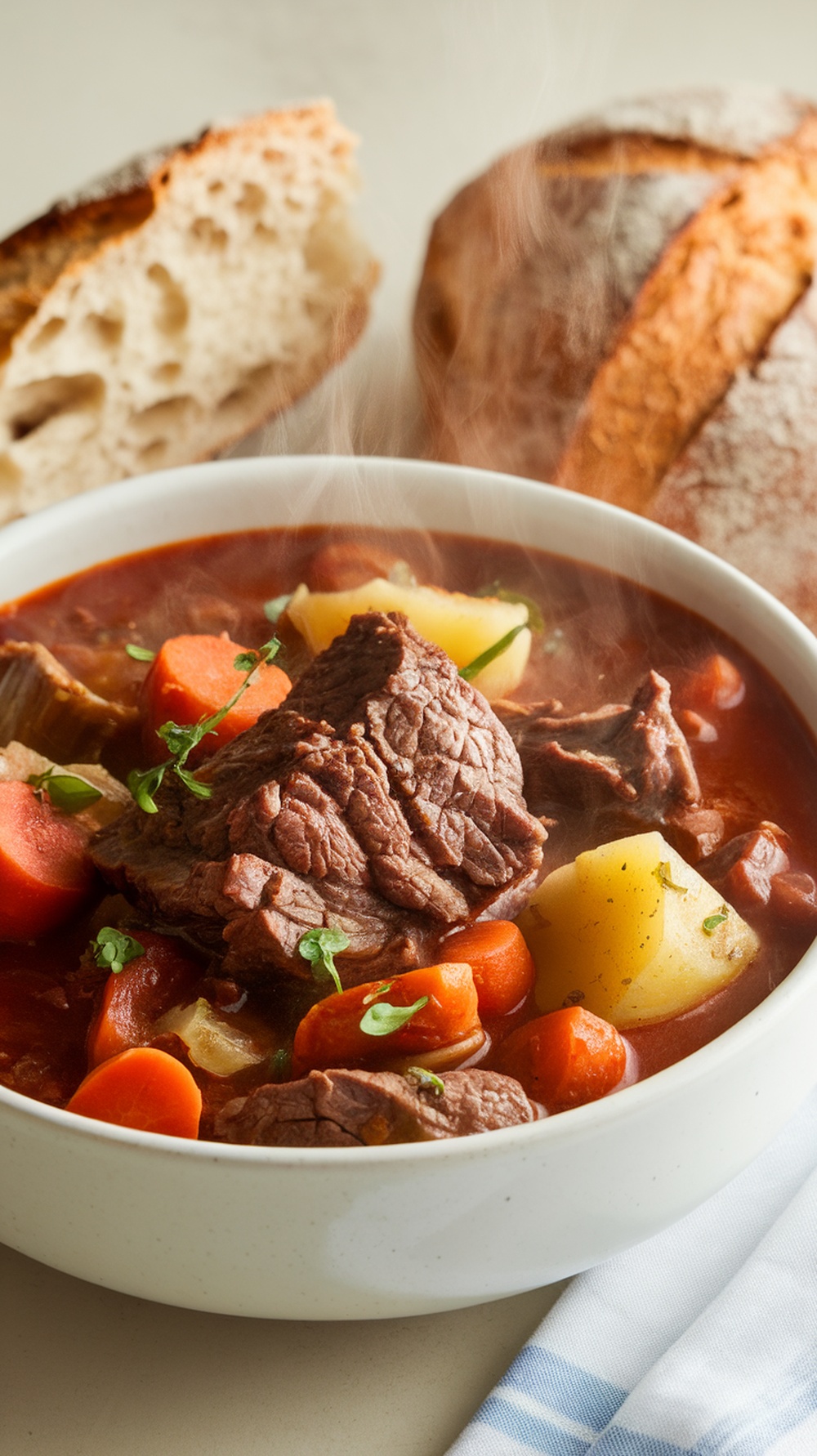 A bowl of hearty beef stew with carrots and potatoes, accompanied by crusty bread.