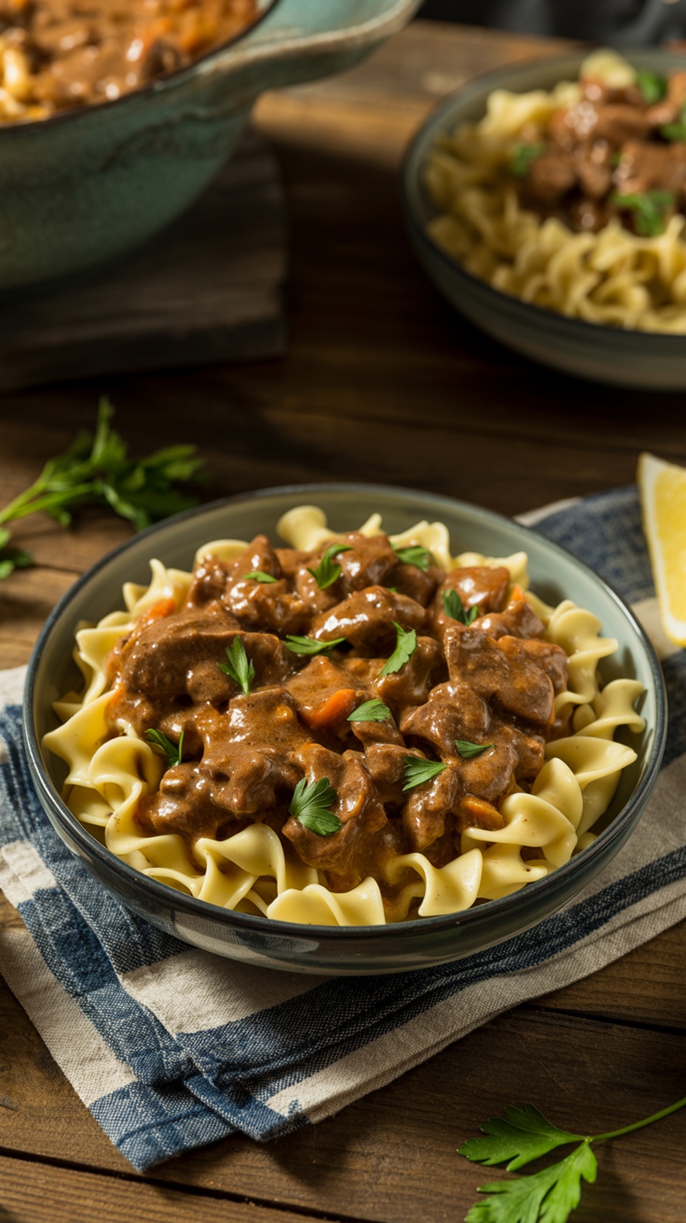 A bowl of hearty beef stroganoff served over egg noodles with garnished parsley.