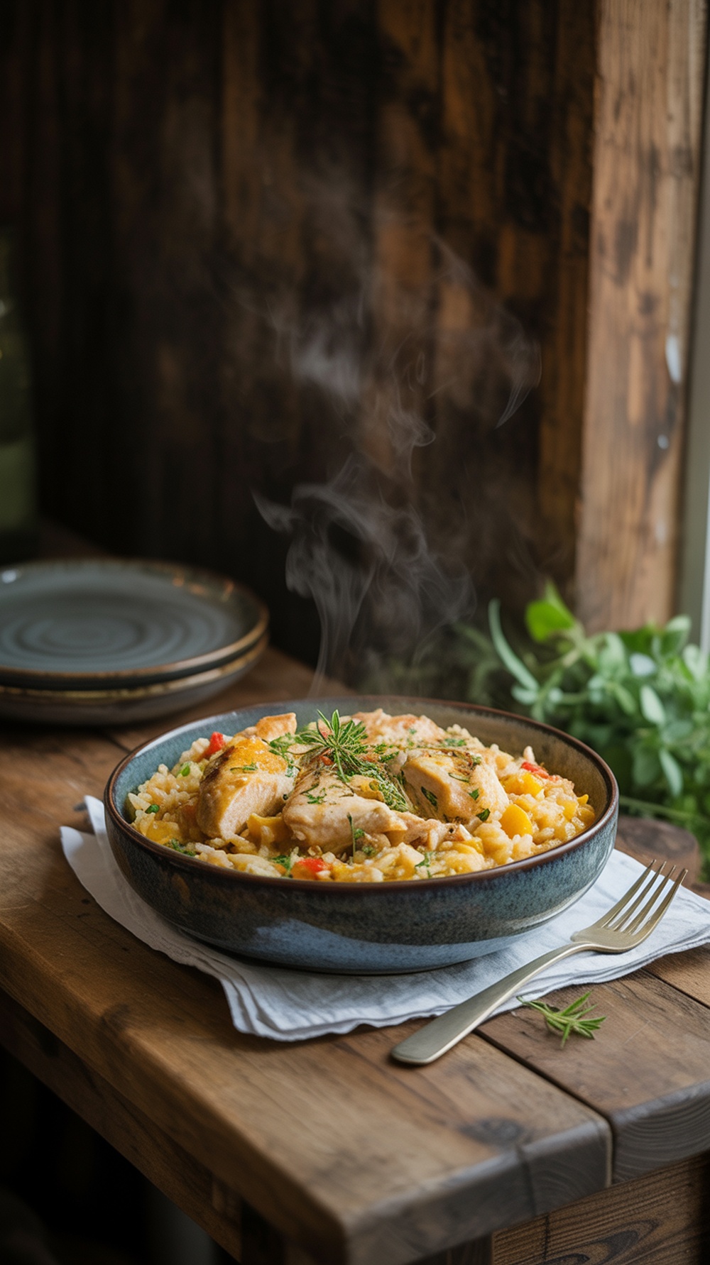 A steaming bowl of chicken and rice casserole on a wooden table.