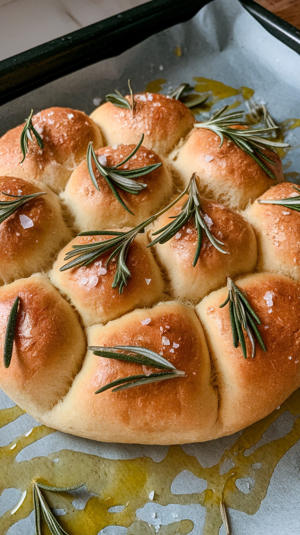 Freshly baked herb-infused focaccia topped with rosemary and sea salt