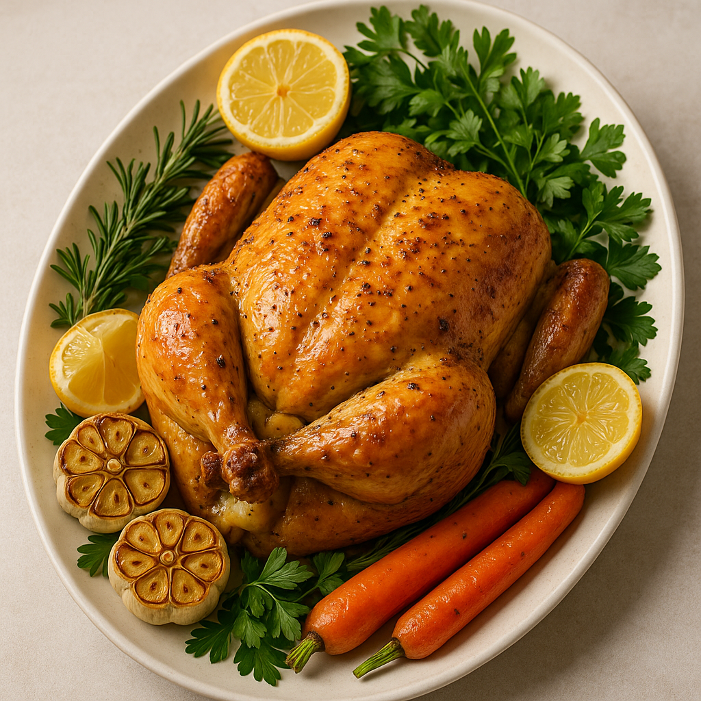 A beautifully roasted chicken with lemon slices, garlic, and fresh herbs on a platter.