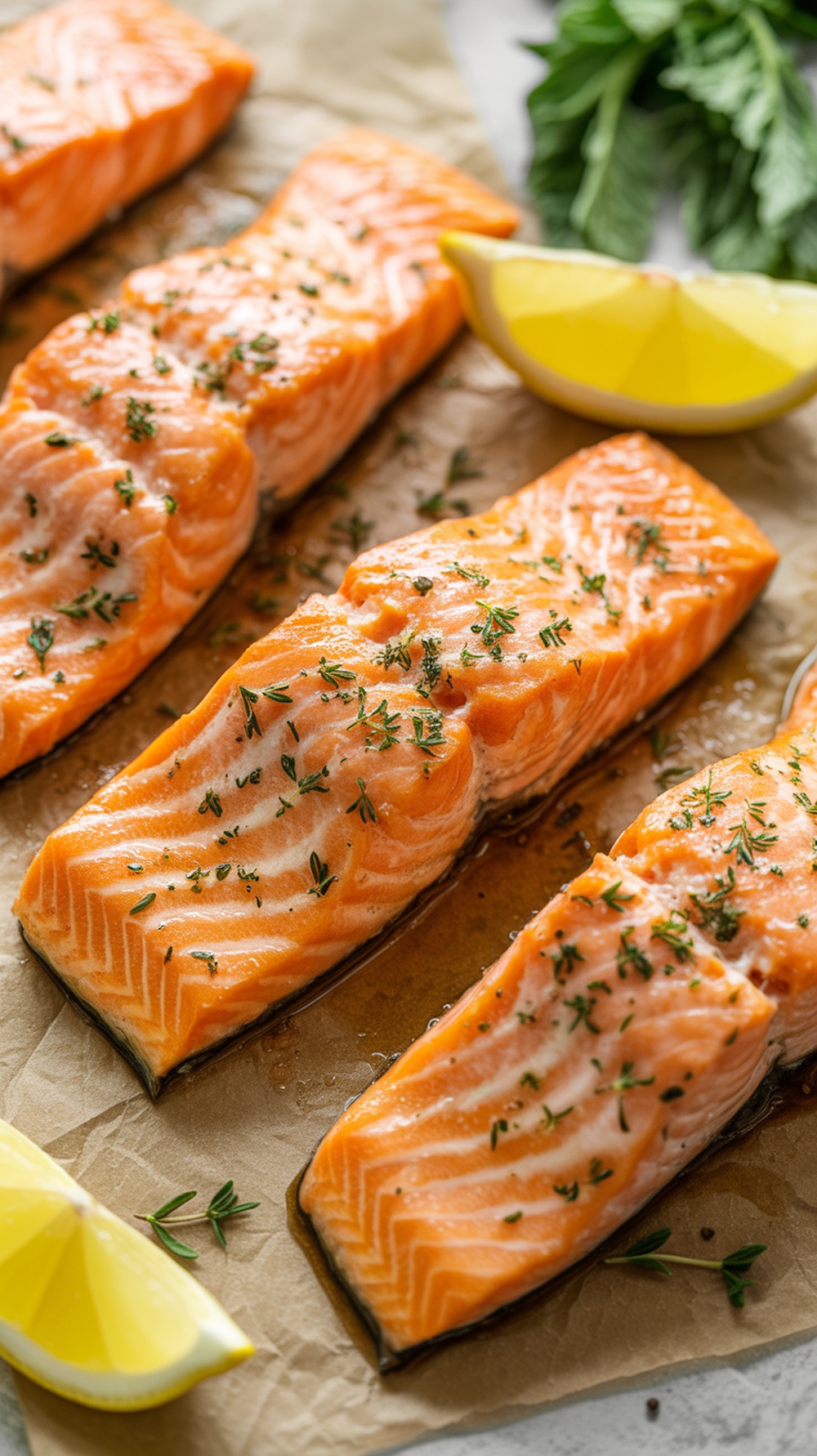 Herbed air fryer salmon fillets with lemon wedges and herbs