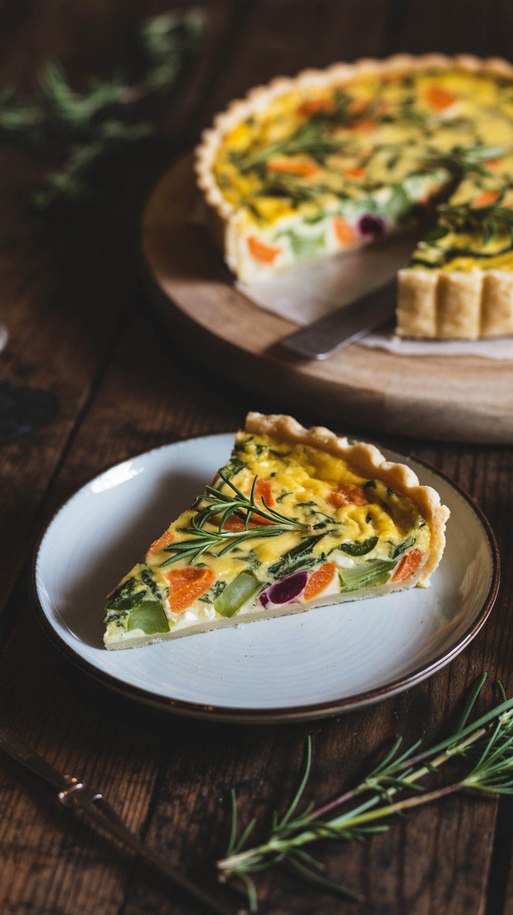 A slice of herbed quiche with seasonal vegetables on a plate, garnished with fresh herbs.
