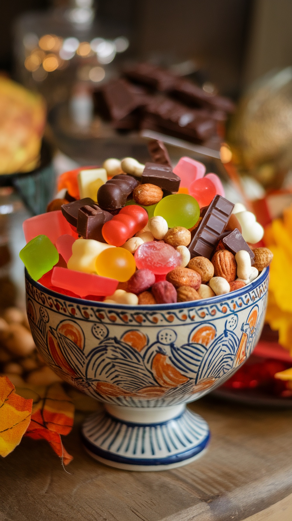 A colorful bowl filled with various candies and snacks.