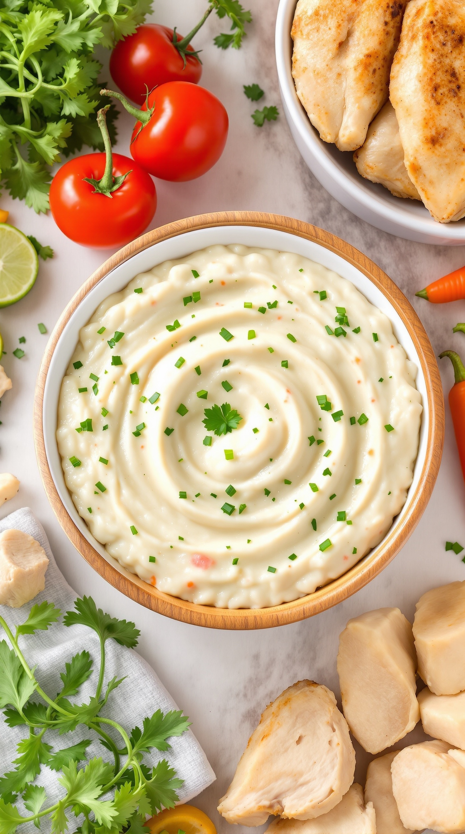A serving of chicken and vegetable puree for babies, surrounded by fresh vegetables.