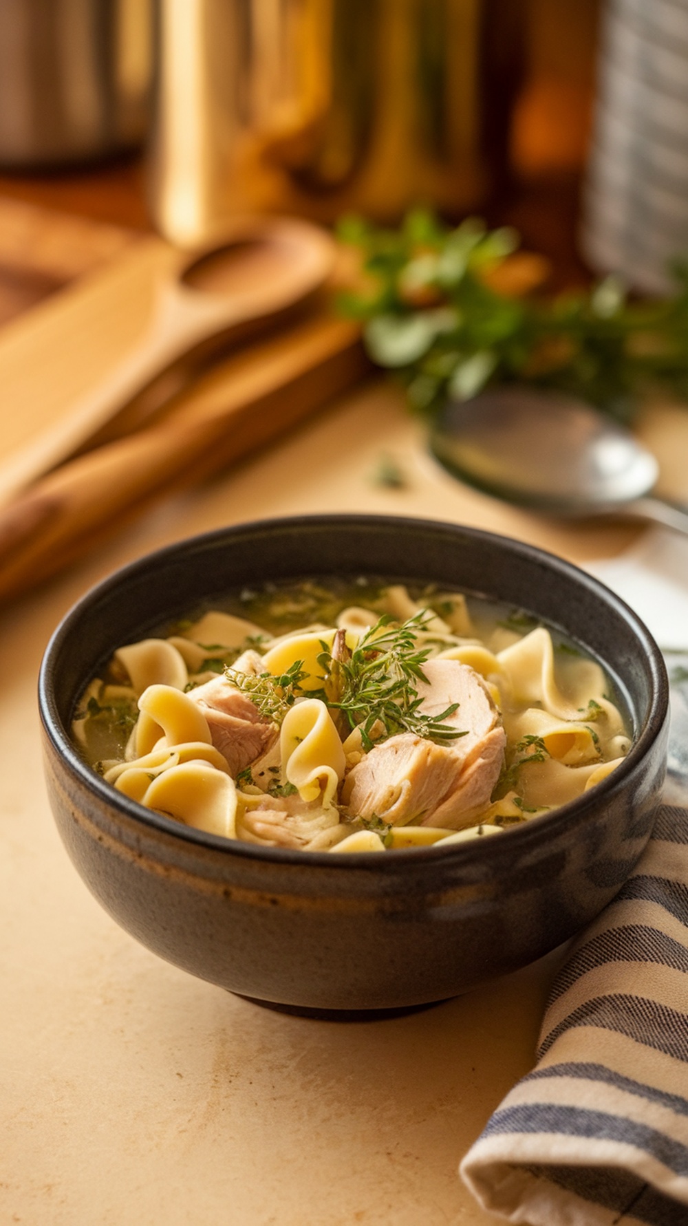 A bowl of homemade chicken noodle soup with fresh herbs and noodles.