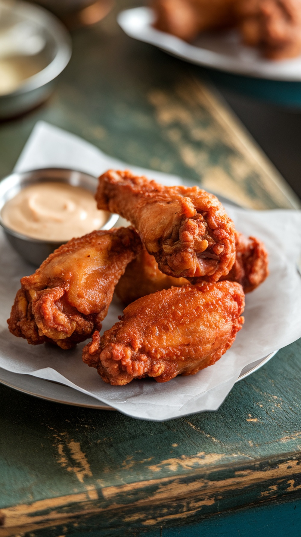 Plate of homemade fried chicken wings served with a dipping sauce.