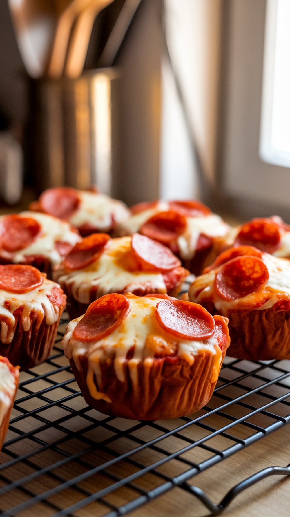 Homemade pizza muffins with cheese and pepperoni on a cooling rack