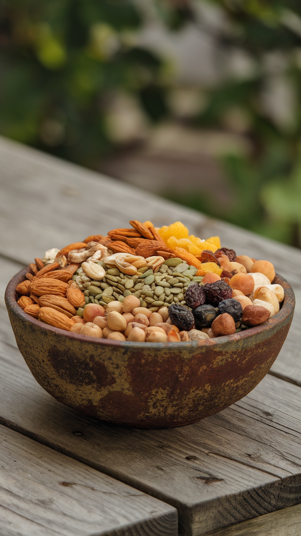 A bowl of homemade trail mix with various nuts and dried fruits.