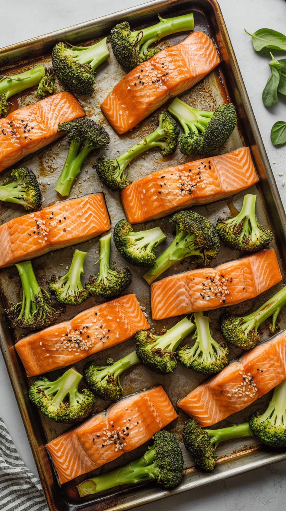Honey garlic glazed salmon with broccoli on a sheet pan