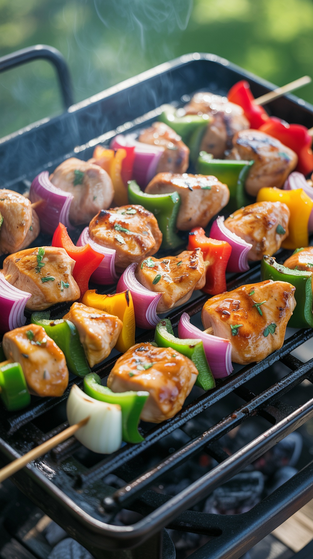 Honey garlic chicken skewers on a grill with colorful bell peppers and onions