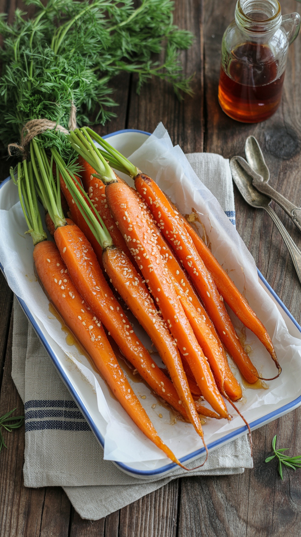 A plate of honey glazed carrots garnished with sesame seeds.