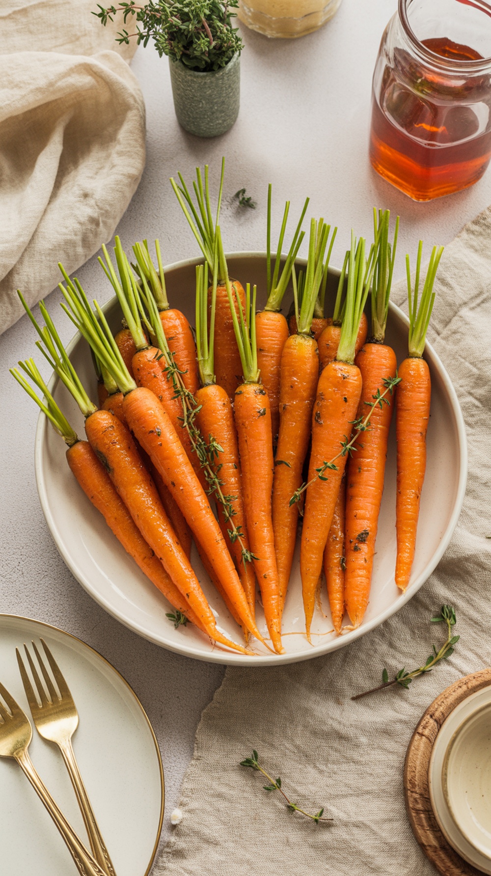 Honey glazed carrots with thyme on a plate