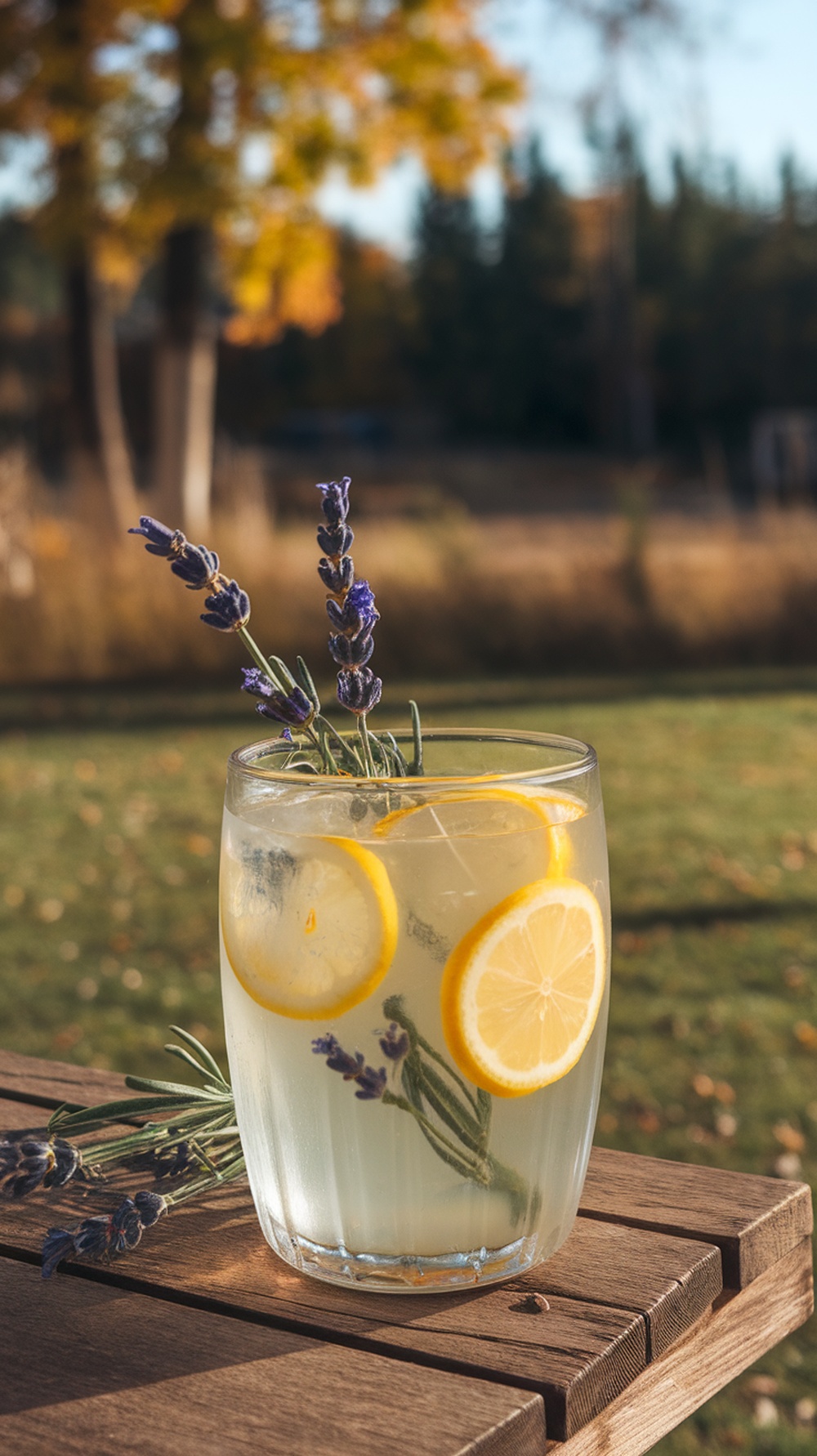 A glass of honey lavender lemonade with lemon slices and lavender sprigs, set outdoors.