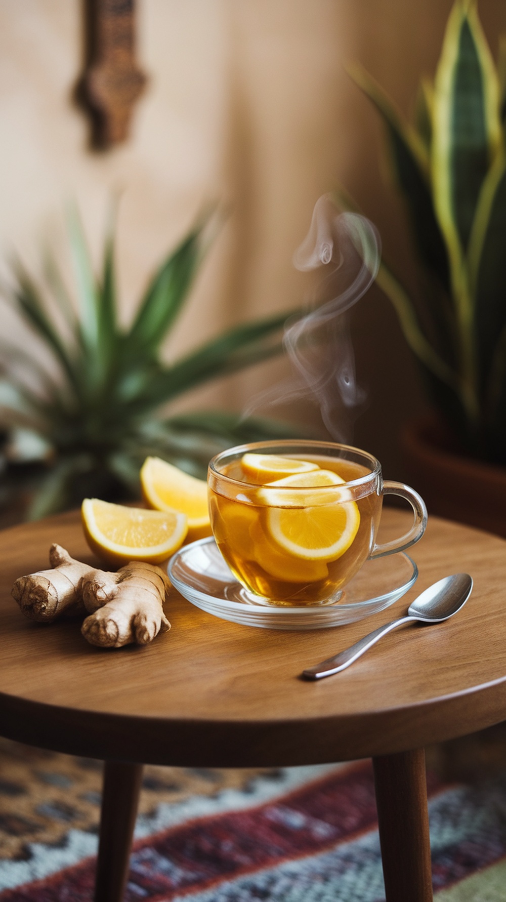 A steaming cup of honey lemon ginger tea with lemon slices and ginger root on a wooden table.