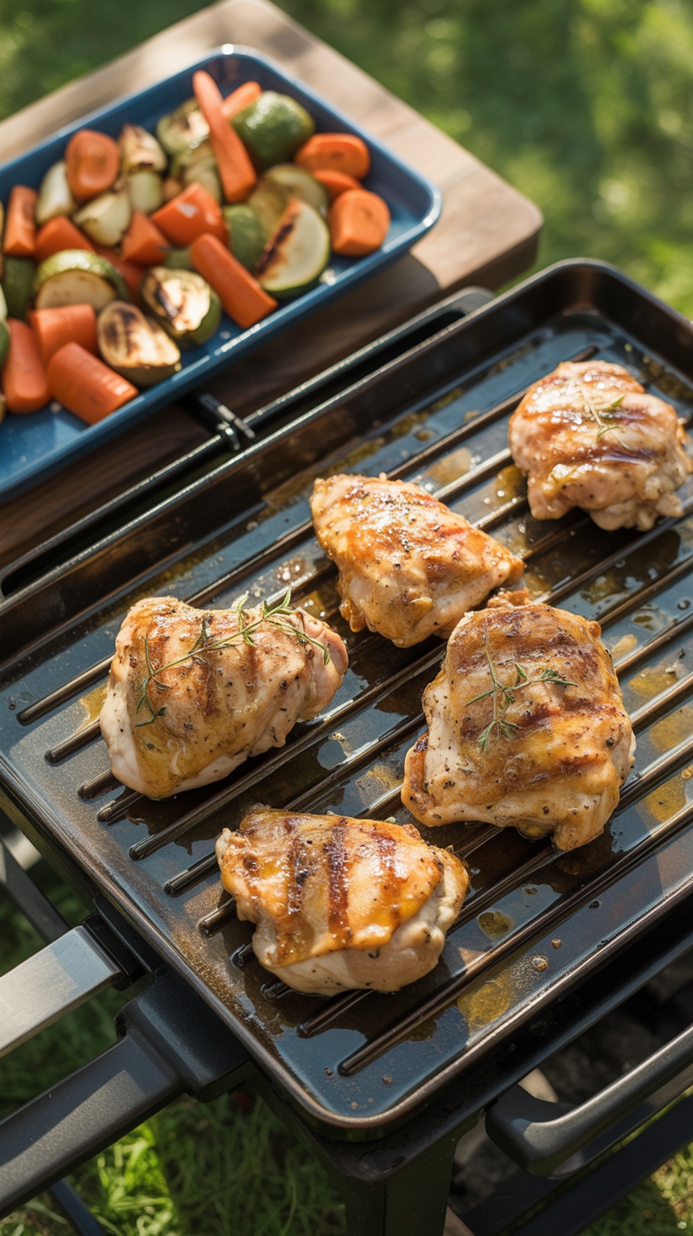 Grilled honey mustard glazed chicken thighs with vegetables on the side