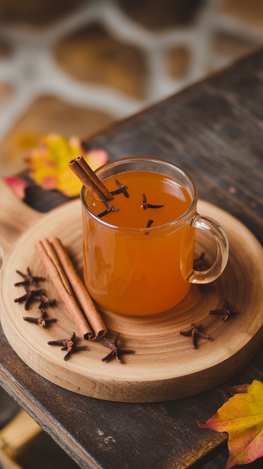 A warm cup of hot apple cider with cloves and cinnamon sticks on a wooden plate.