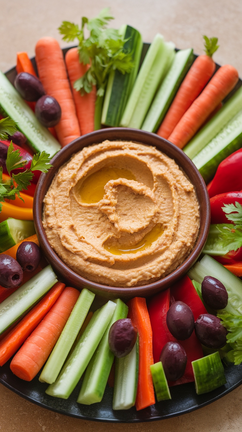 A colorful platter of hummus surrounded by fresh vegetables like carrots, cucumbers, and bell peppers.