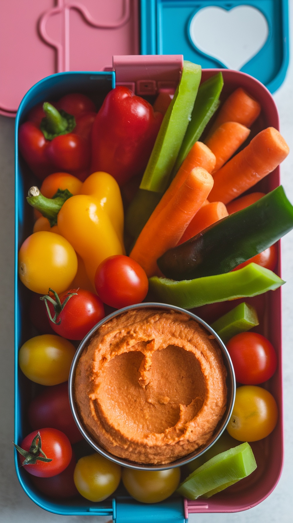 A colorful lunch box filled with hummus and assorted veggie sticks.