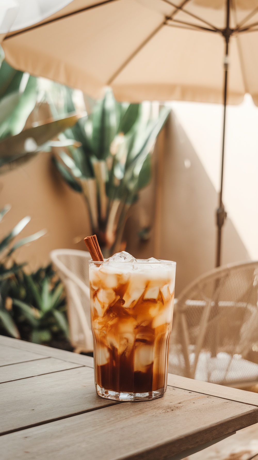 A refreshing glass of iced pumpkin spice cold brew with a cinnamon stick on top.