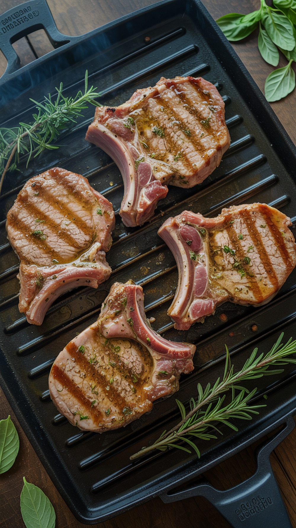 Grilled pork chops on a grill pan with herbs.