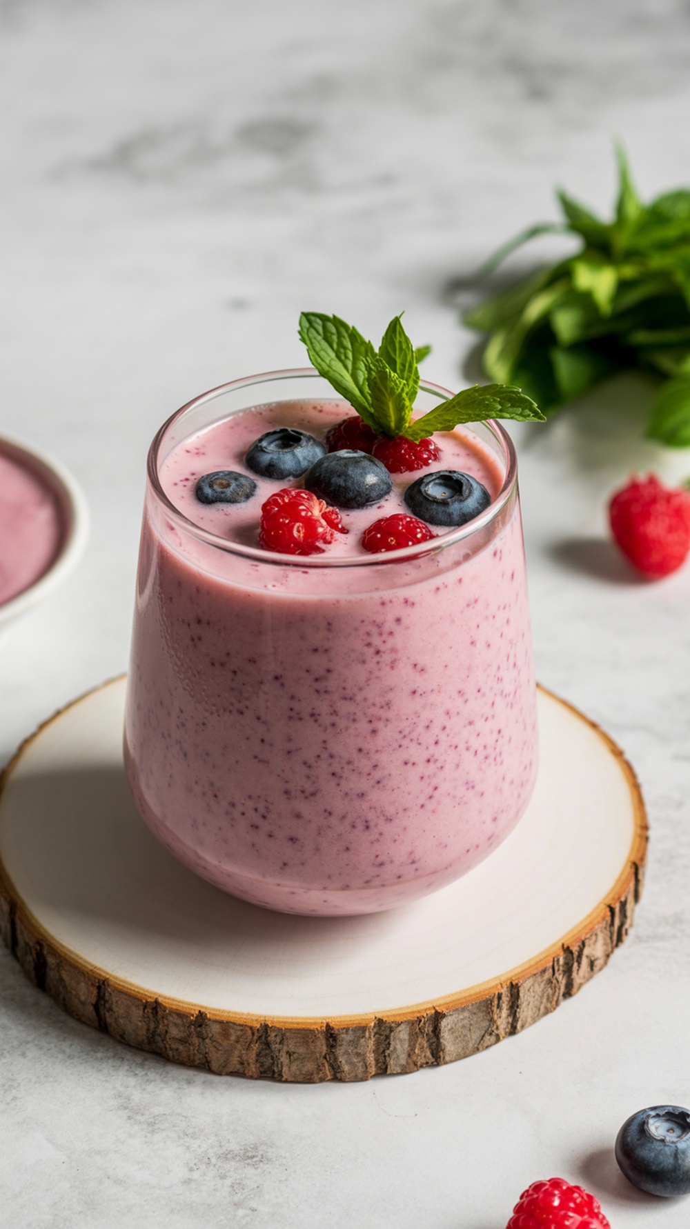 A delicious kefir smoothie topped with blueberries and raspberries, served in a glass.