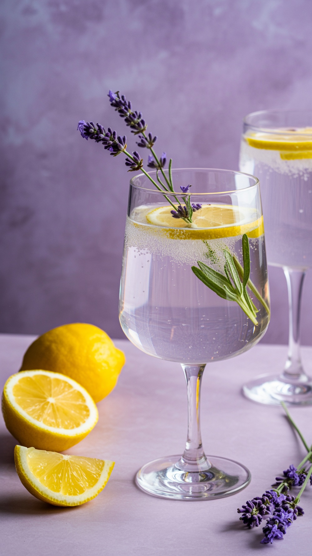 A refreshing Lavender Lemon Fizz drink garnished with lemon slices and lavender sprigs.