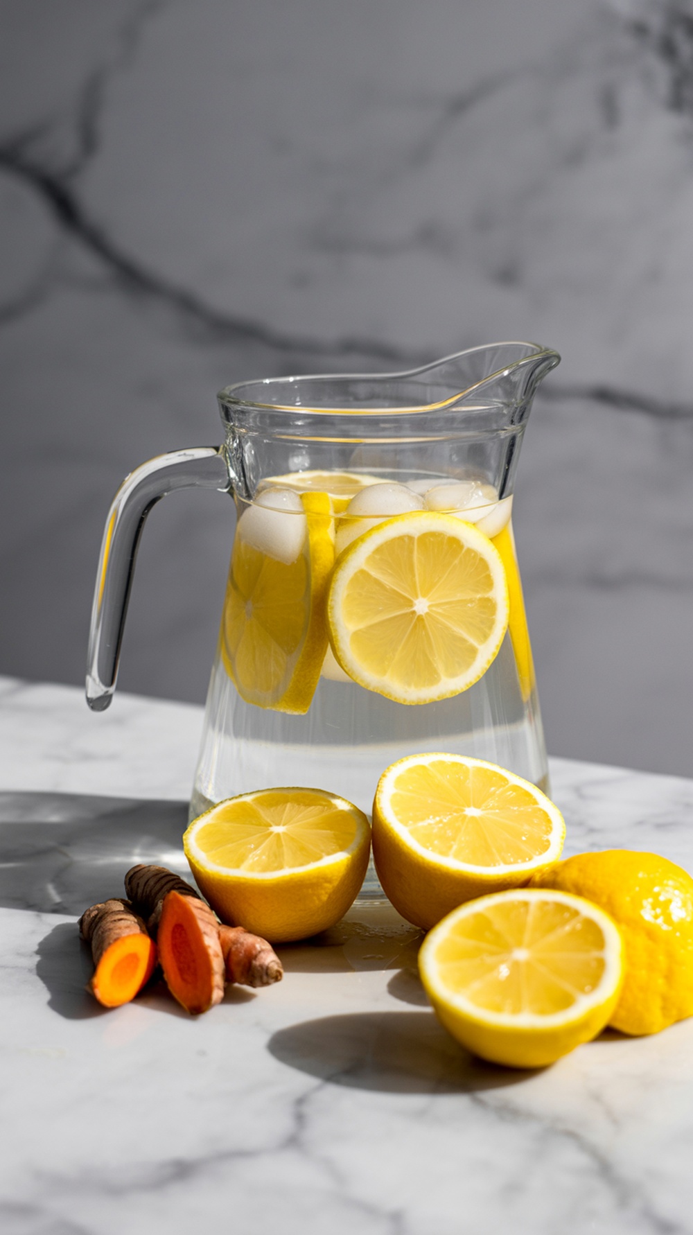 A pitcher of lemon and turmeric infused water with sliced lemons and fresh turmeric on a marble surface.