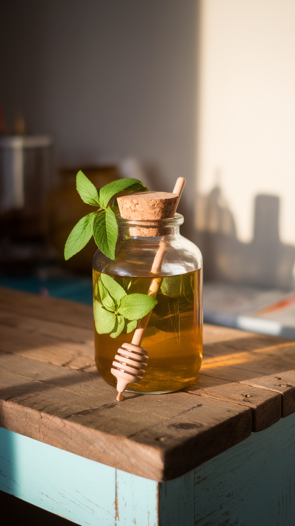 A jar of lemon balm and honey infusion with a honey dipper
