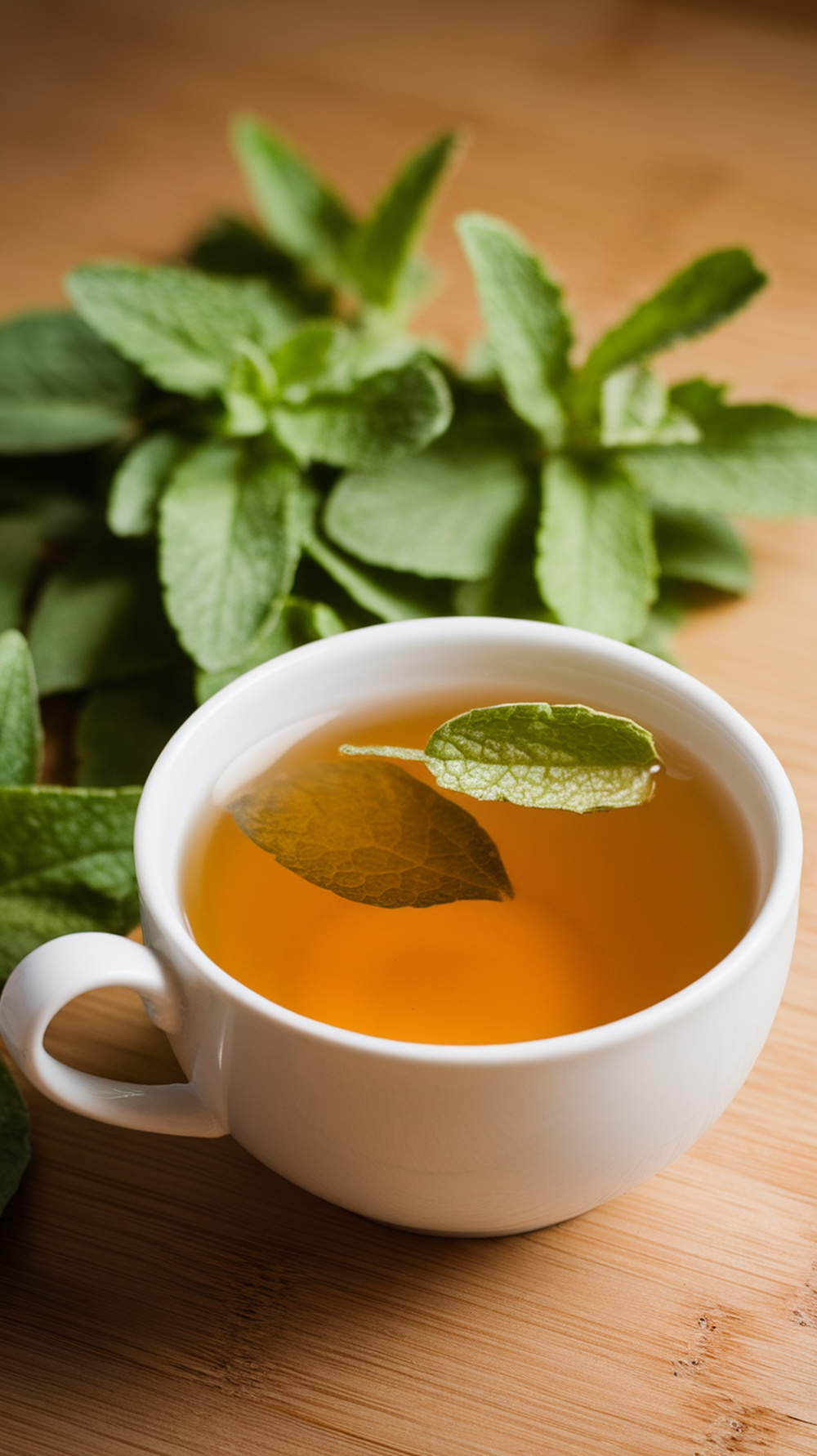 A cup of lemon balm tea with fresh lemon balm leaves in the background