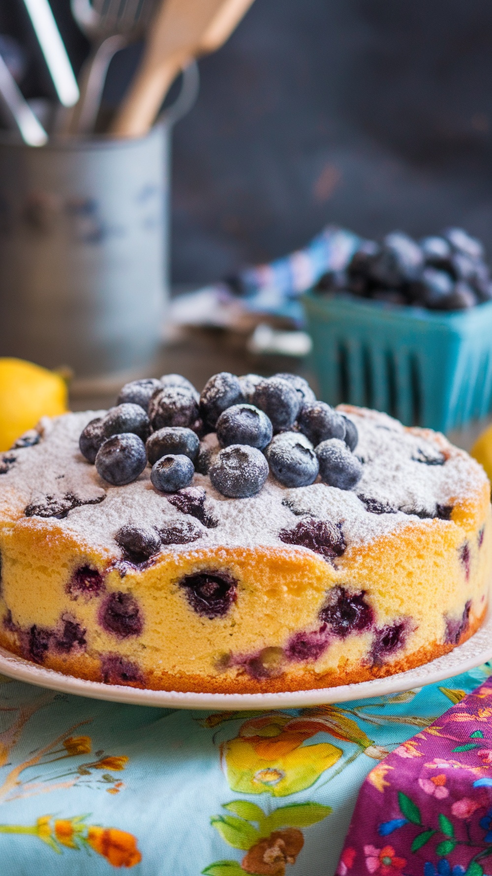A vibrant lemon blueberry dump cake topped with blueberries.