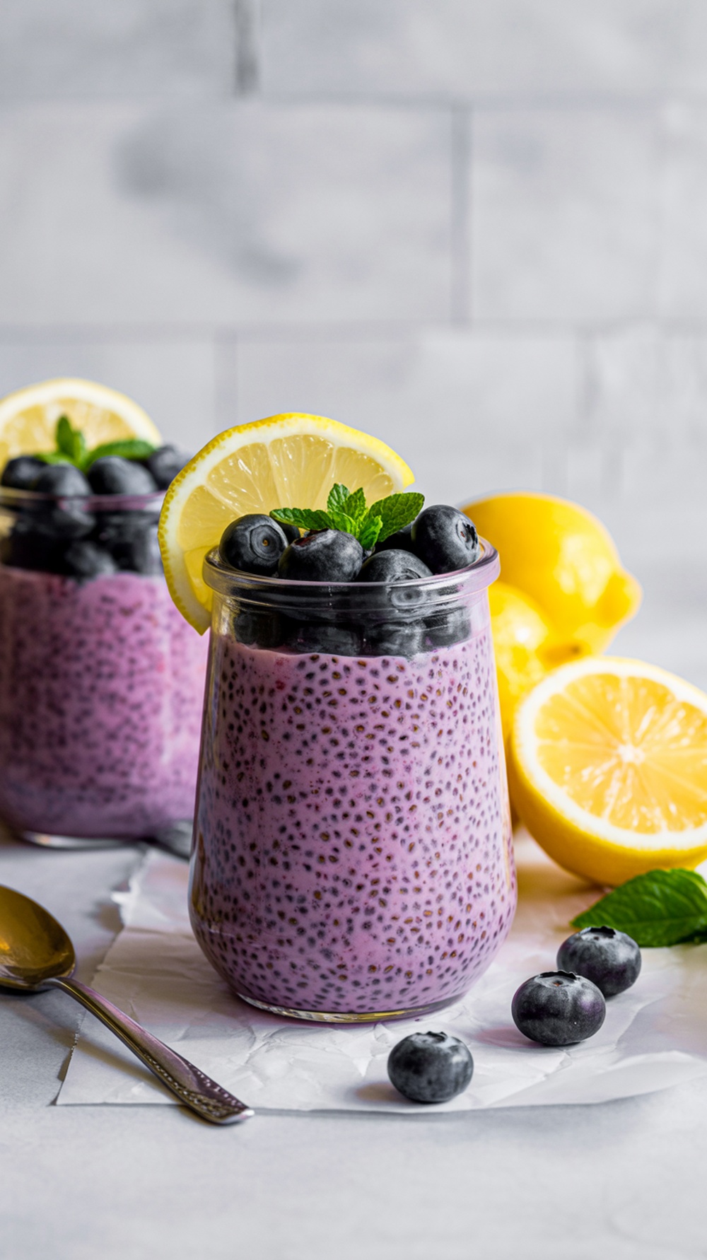 Lemon Blueberry Chia Seed Pudding in jars with lemon slices and fresh blueberries