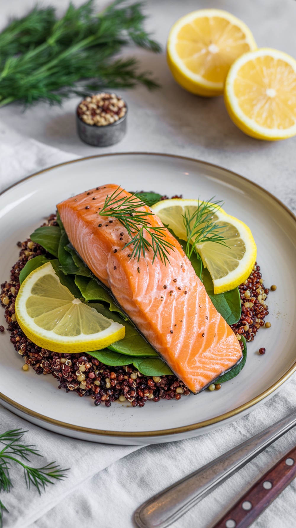 A plate of lemon dill salmon with quinoa and spinach, garnished with lemon slices and dill.