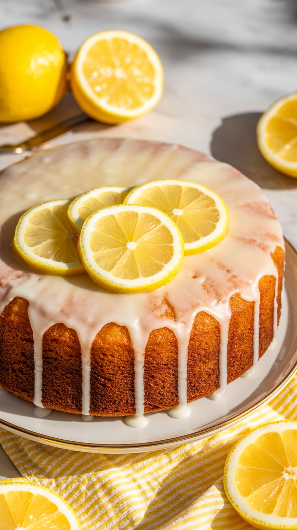 Lemon Drizzle Cake with lemon slices on top