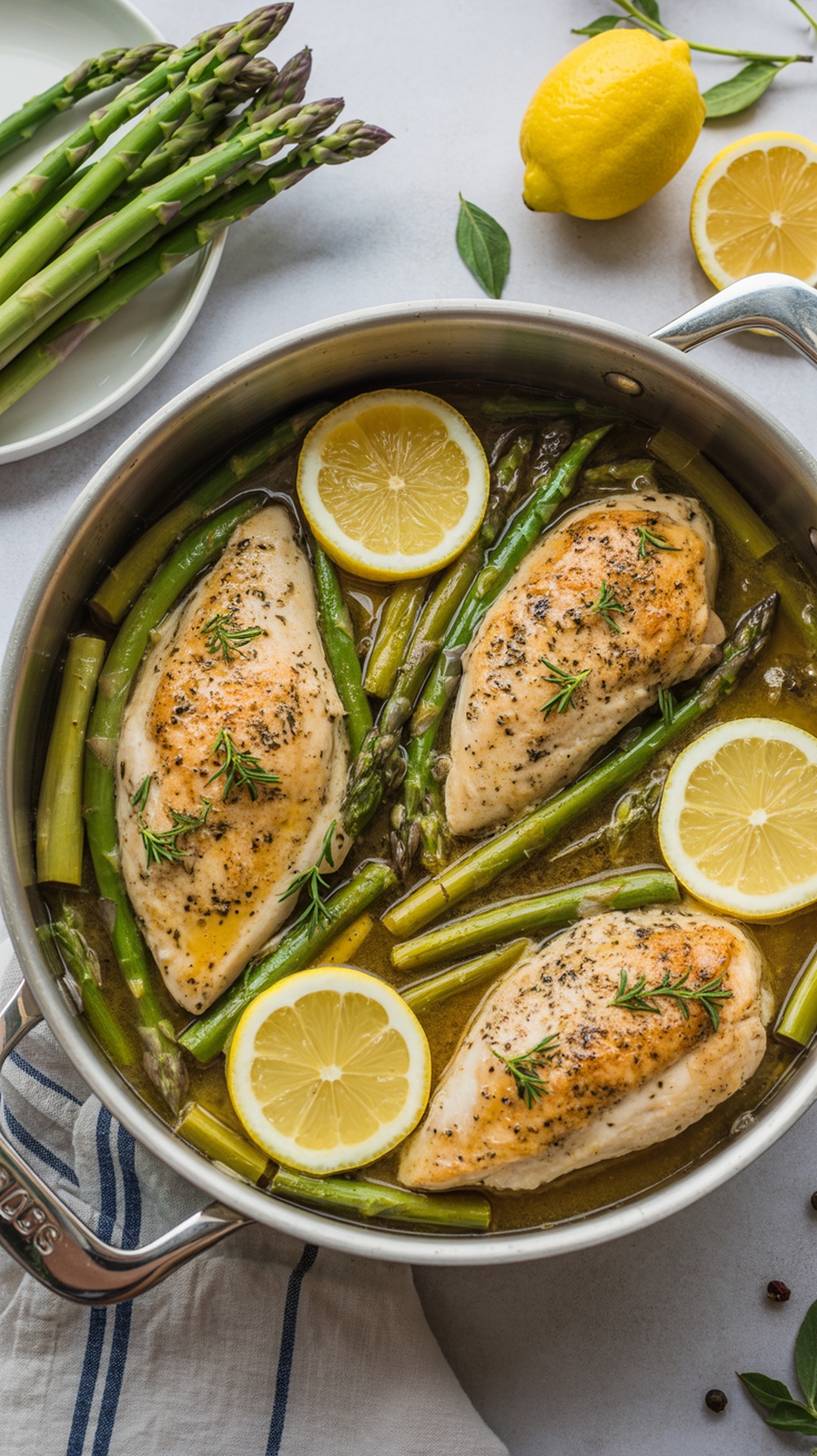 A delicious one pot meal featuring lemon garlic chicken and asparagus, garnished with lemon slices.
