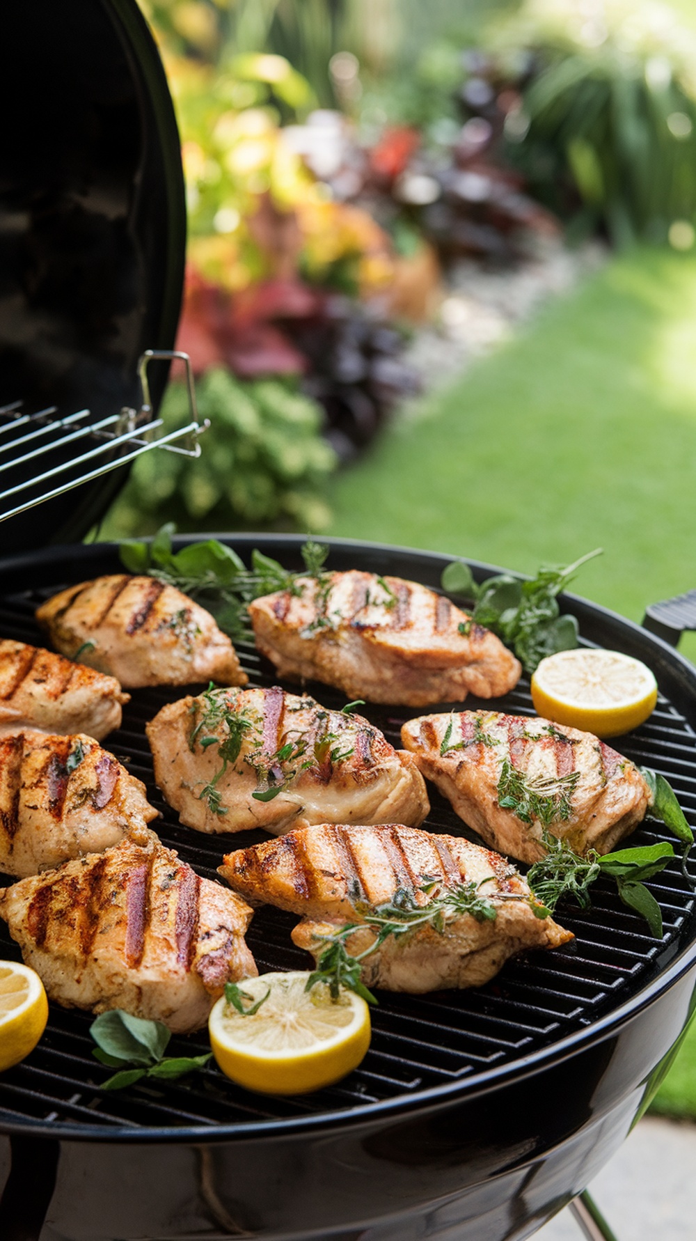 Grilled chicken on a barbecue grill with lemon slices and fresh herbs