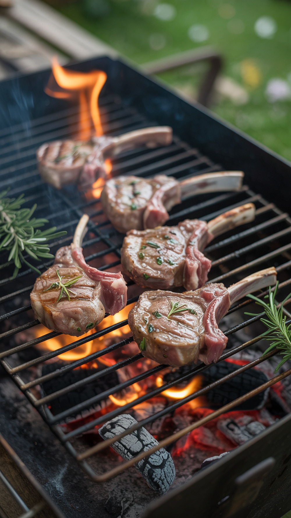 Grilled lamb chops on a barbecue grill with flames
