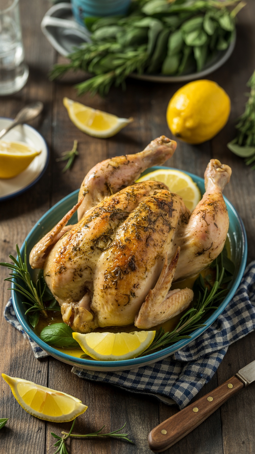 A beautifully roasted chicken garnished with lemon slices and herbs.