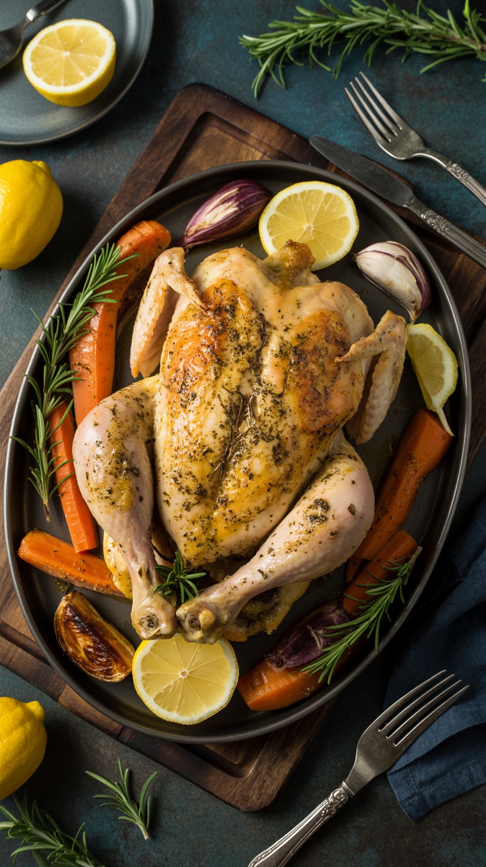 A beautifully roasted chicken surrounded by lemon slices and herbs
