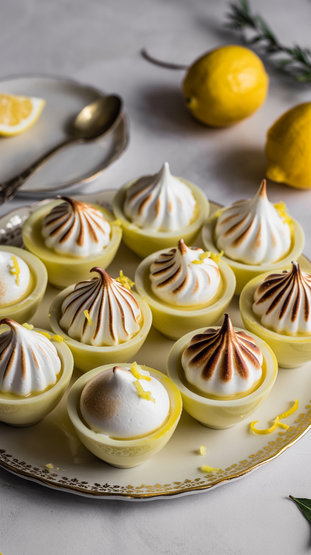 Lemon meringue egg cups served on a plate, garnished with lemon zest.