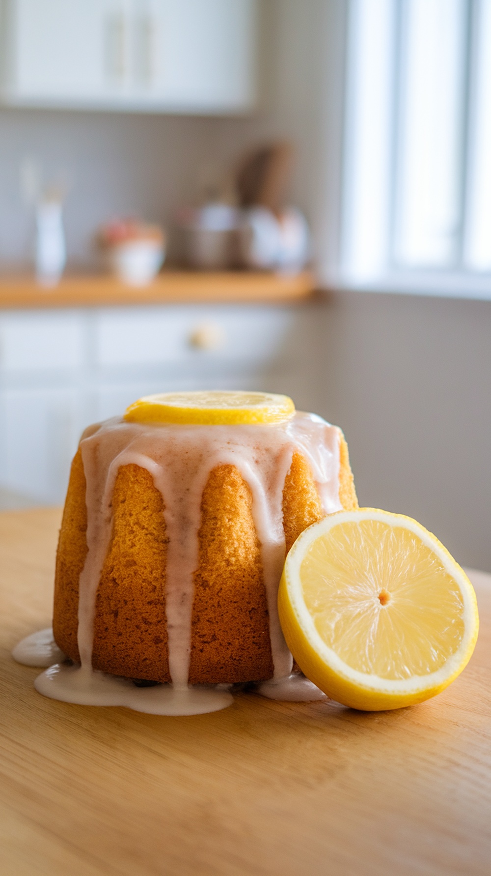 A lemon mug cake topped with a zesty glaze and a slice of lemon.