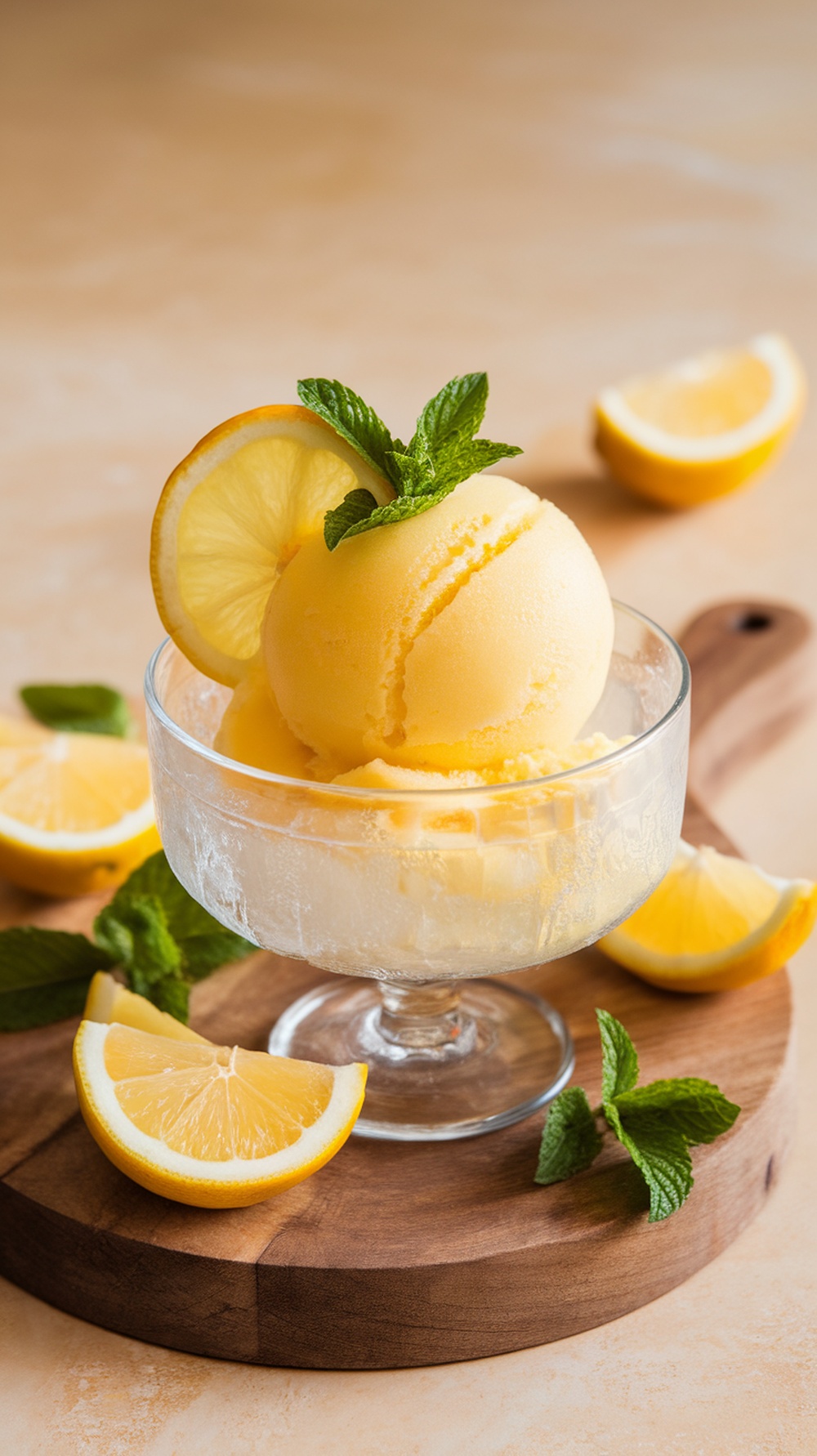 A bowl of lemon sorbet garnished with mint leaves and lemon slices.
