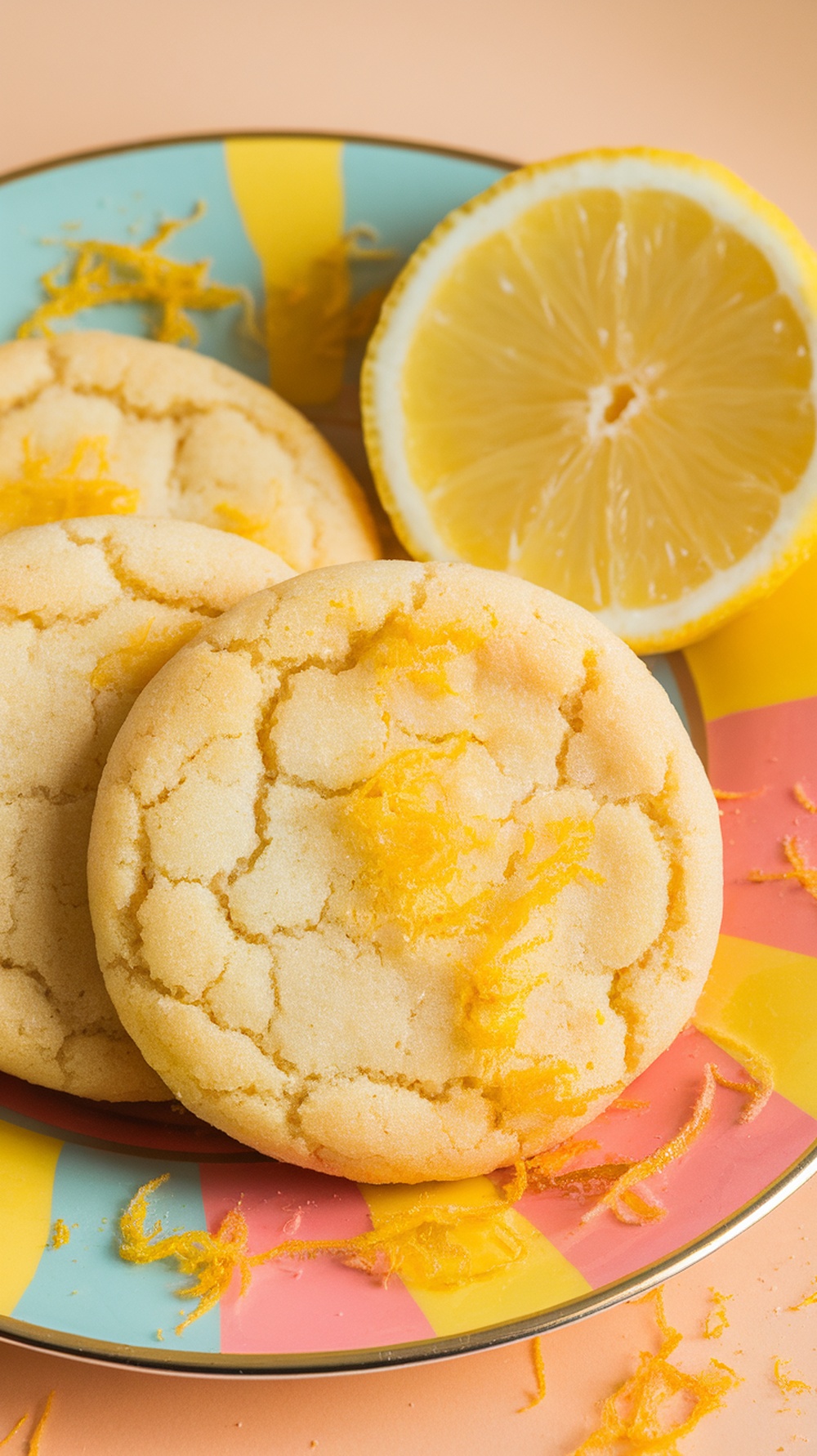 Plated lemon zest sugar cookies with lemon slices and zest.